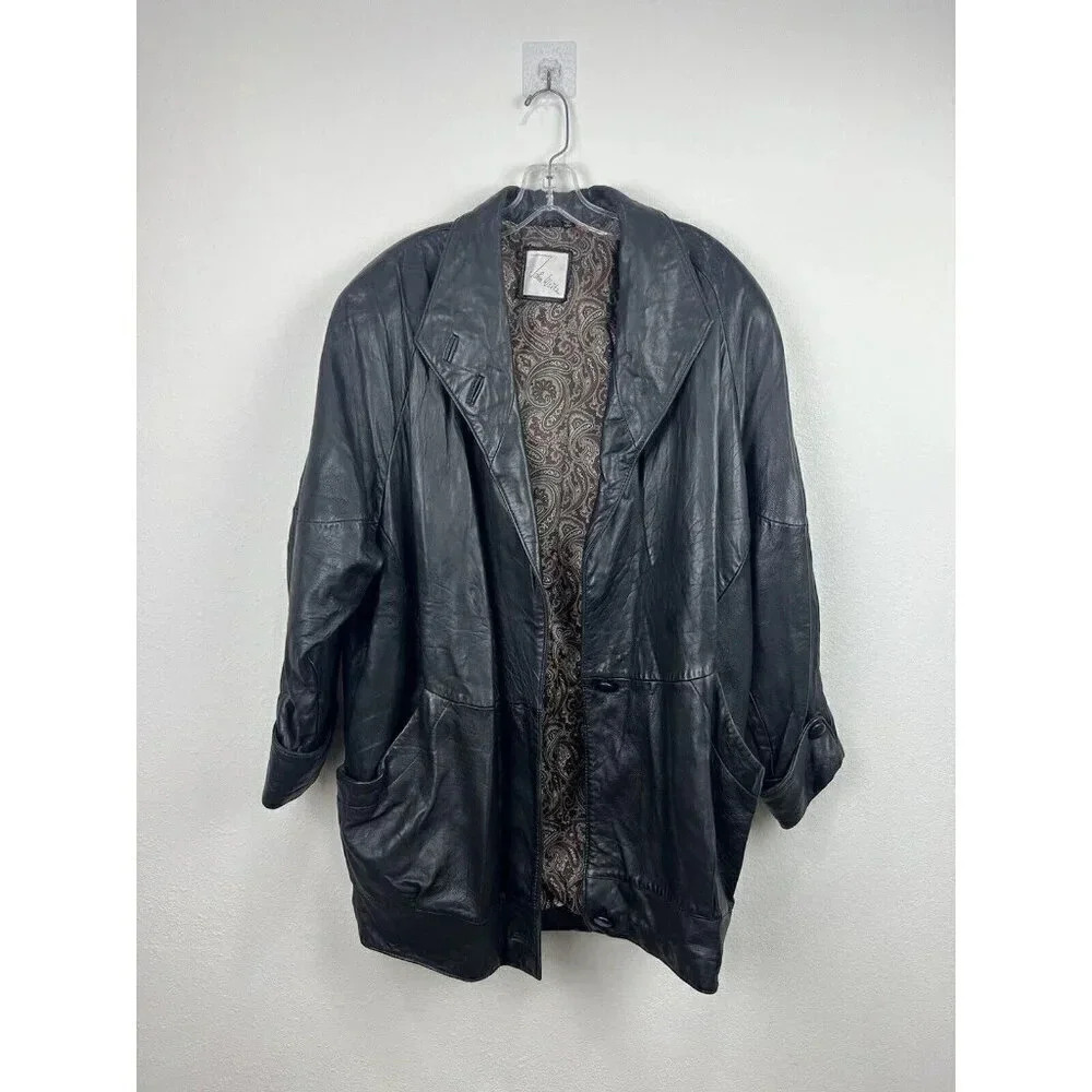 JOHN WEITZ Womens Black Mid Length Leather Coat w/ Shoulder Pads size Large VTG